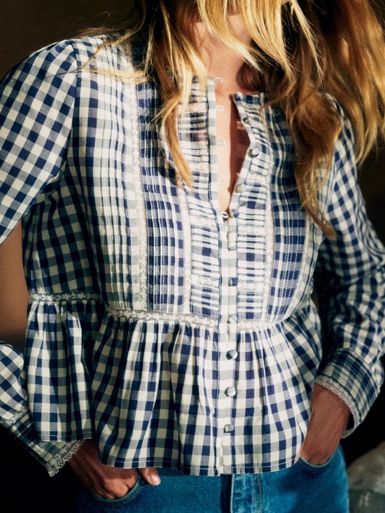 Sezane Tops - Sezane Charlina Blouse Vichy Navy - Solidarity Creation - Size 6